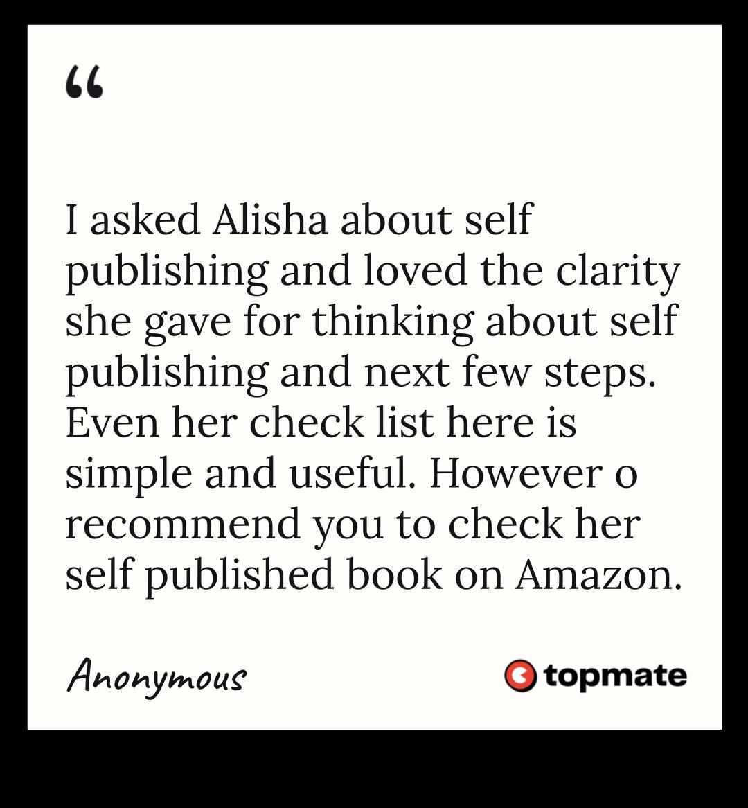 Testimonial: Loved the clarity Alisha gave about self-publishing